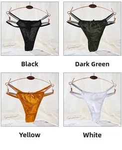 Lace T-back thongs in black, dark green, yellow and white with satin finish details
