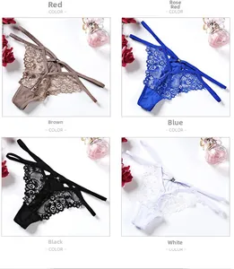 Detailed view of women's lace G-string panties in brown, royal blue, black, and white