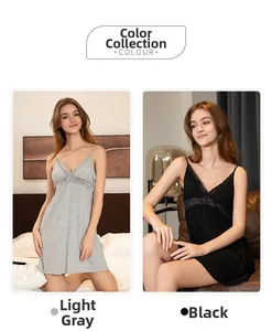 Lace-trimmed modal nightdress showing light grey and black color options with V-neckline