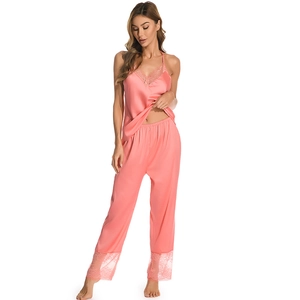 Pink ice silk pajama set with lace trim camisole and long pants for women
