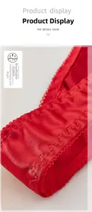 Detailed close-up of red lace lingerie featuring breathable mesh and V-stitch seams