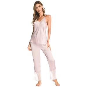 Women's pink ice silk pajama set with lace trim camisole and long pants