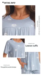 Detail view of light blue cotton pajamas set featuring heart prints and side pocket design