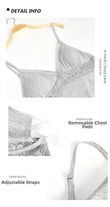Detail view of lace V-neckline, removable pads, and adjustable straps on modal nightgown