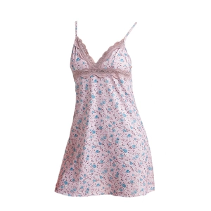 Pink floral printed cotton pajama dress with delicate lace trim and v-neck design