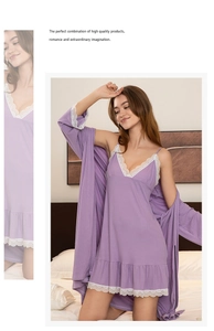 Detail of purple modal sleepwear set featuring delicate white lace trim and V-neckline