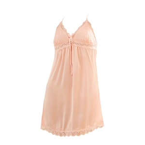Pink silk-like satin nightgown with deep V-neck lace trim and bow knot detail