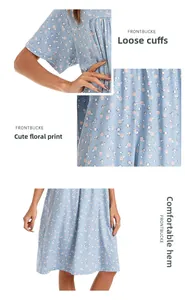 Detail view of cotton floral nightgown showing loose cuffs and hem edge craftsmanship