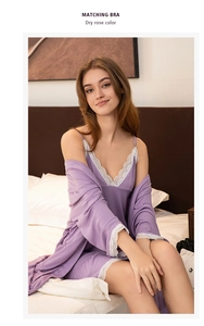 Detail of dry rose modal sleepwear set with intricate white lace trim on the robe and dress