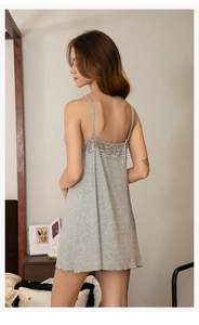 Detailed back view of grey modal nightgown featuring delicate lace trim and thin straps