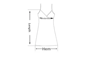 Size chart showing length, underbust, and hem measurements for the satin slip nightdress