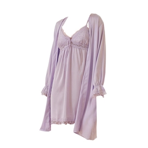 Elegant lavender silk-satin lace nightgown and robe two-piece pajama set for women