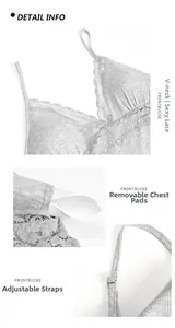 Detail of grey modal camisole featuring V-neck lace trim and adjustable straps