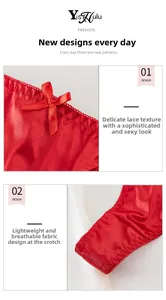 Detail of red lace thong underwear featuring silk ribbon bow and sheer floral embroidery