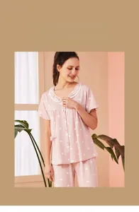 Short sleeve pink striped cotton pajamas for women with white heart patterns and buttons