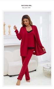 Ensemble 3 pièces de détente rose séchée avec cardigan, caraco dentelle et pantalon