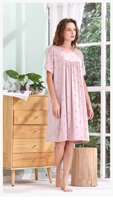 Pink floral cotton nightdress with short sleeves, round neck and pleated chest detail