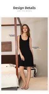 Detail of comfortable neckline and waist design on black sleeveless lounge dress