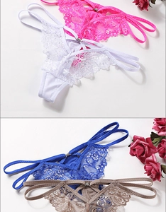 Detail of four colorful lace thongs with multi-strap waist and metal ring connectors