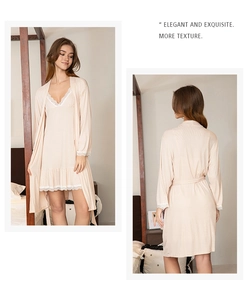 Two-piece modal cotton sleepwear set featuring a lace trim slip dress and a matching belted robe