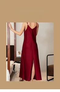 Detailed back view of dark red silk nightdress with thin straps and high slit design