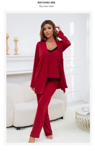 Ensemble pyjama 3 pièces en coton rose sec avec bordure en dentelle et peignoir assorti