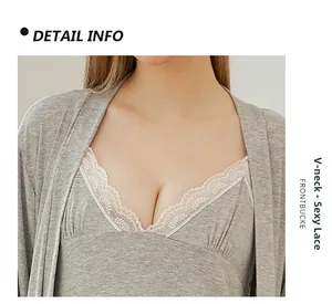 Detail of grey V-neck loungewear with lace trim and functional front buckle design