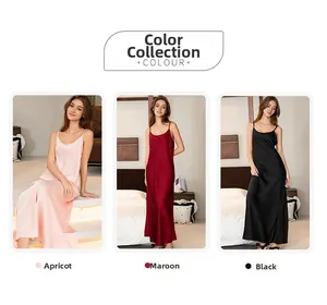 Silk satin nightgowns in apricot, burgundy, and black with delicate spaghetti straps