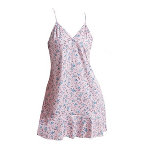 Pink floral v-neck nightgown with spaghetti straps and ruffled hem design for women