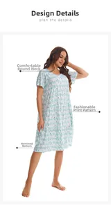 Detail view of cotton floral nightgown with round neck and tiered pleated hem design