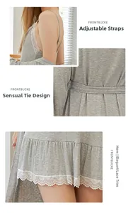 Detail of adjustable straps, waist tie, and white lace hem on a soft modal nightgown