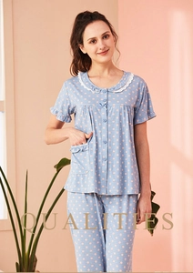 Detail of light blue polka dot pajama top with lace Peter Pan collar and ruffled short sleeves