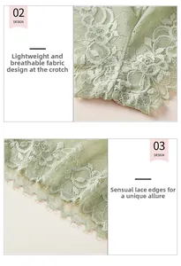 Détail de culotte en dentelle vert clair montrant le tissu respirant et la broderie