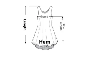 Detailed size chart diagram showing length, bust, side length, and hem of women's dress
