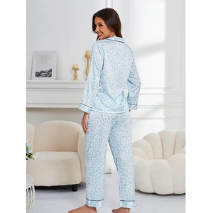 Women's light blue leopard print ice silk pajamas set with long sleeves and pants
