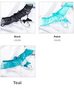Détails de strings en dentelle avec entrejambe en perles et nœuds en soie multicolores