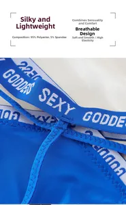 Detail of blue lace thong featuring wide elastic waistband with Sexy Goddess text