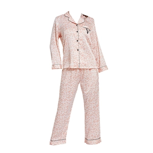 Women's pink leopard print ice silk pajama set with long sleeves and black piping detail