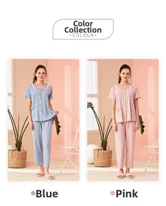 Short sleeve pajama set with lace trim and polka dot patterns in blue and pink colors
