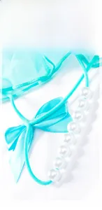 Gros plan sur une culotte en dentelle sarcelle avec maille, nœud et perles blanches