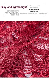 Detailed texture of red lace fabric made of 90% nylon and 10% spandex for underwear