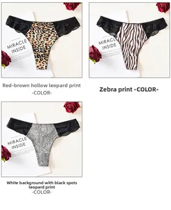 Détails de strings avec motifs léopard et zèbre et empiècements en dentelle noire