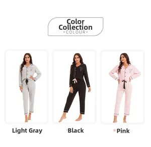 Three-color pajama collection with V-embroidery and contrast trim on modal cotton set