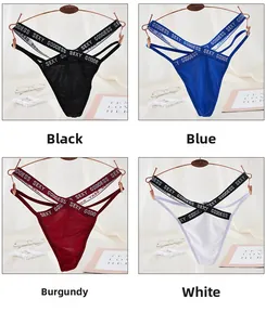 Detailed grid showing four colors of sexy lace thongs with SEXY GODDESS waistbands
