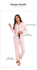 Detail view of pink modal pajama set showing contrast piping and V embroidery on pocket