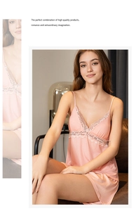 Detail of pink lace V-neck modal nightgown with delicate ribbed texture and embroidery