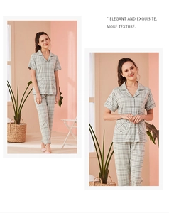 Detail of short sleeve plaid pajama set with button-down collar and front pockets
