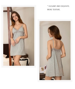 Front and back view of a grey modal nightgown featuring delicate lace trim and open back