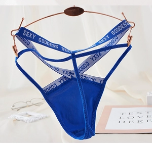Detail of blue lace G-string with Sexy Goddess printed straps on a rose gold hanger