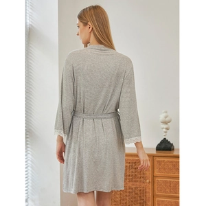 Elegant grey modal cotton robe with lace cuffs and belted waist shown from the back